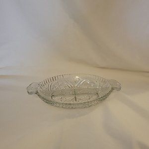 VINTAGE PRESSED GLASS DIVIDED RELISH DISH 10 " long with handles